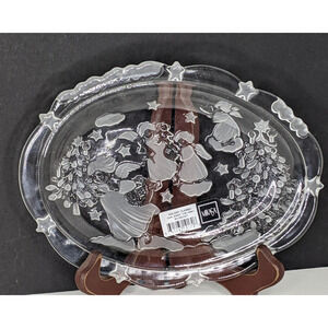 Mikasa Christmas Glass Oval Sweet Dish Frosted 9x7" Angels Stars Made in Germany